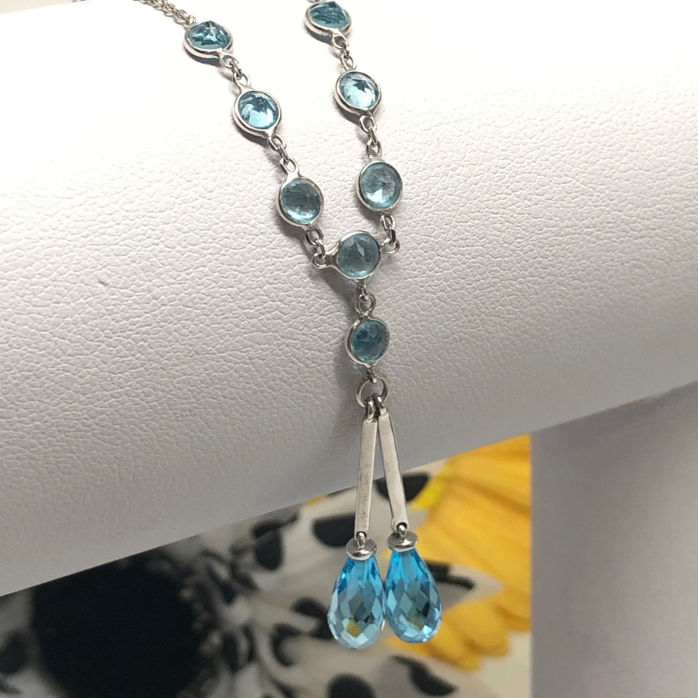 14K White Gold Blue Topaz Dangle Drop Necklace
